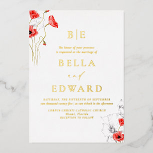 Invitation En Aluminium Mariage Fleurs Sauvages Rouge Coquelicot Chic Or R