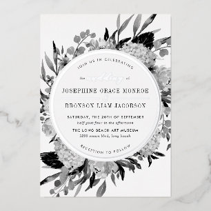 Invitation En Aluminium Mariage floral aquarelle argent noir et blanc