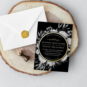 Invitation En Aluminium Mariage floral aquarelle or noir et blanc
