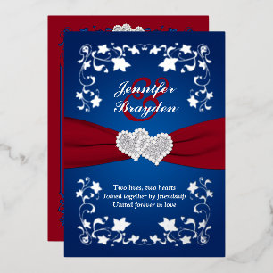 Invitation En Aluminium Mariage floral argent, cœurs joints rouges et bleu