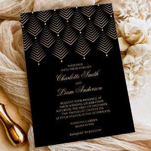 Invitation En Aluminium Mariage floral Art Déco noir et or à chaud