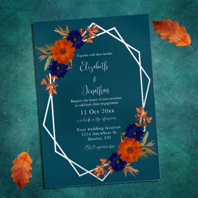 Invitation En Aluminium Mariage Floral Automnal Rustique Orange Bleu Marin (Créateur téléchargé)
