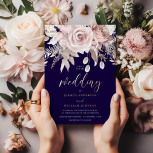 Invitation En Aluminium Mariage floral avec Navy profond et rose gold