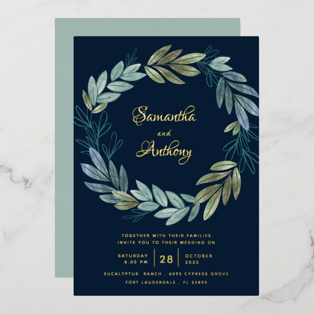 Invitation En Aluminium Mariage floral bleu marine moderne (Recto/Verso)