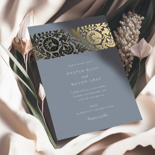 Invitation En Aluminium Mariage Floral Bleu Poussiéreux Or