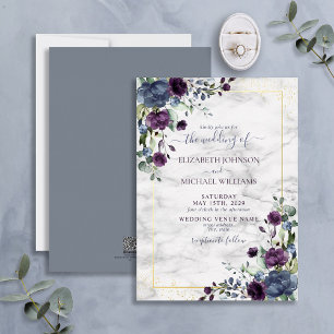 Invitation En Aluminium Mariage Floral Bleu Poussiéreux Violet Or