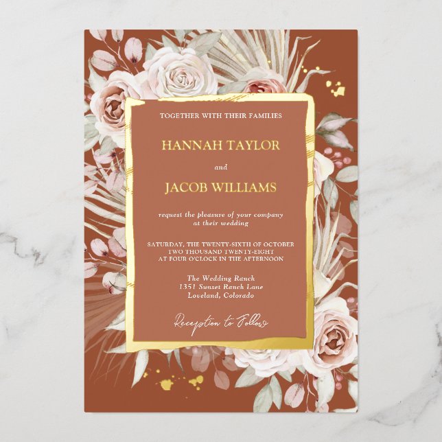 Invitation En Aluminium Mariage Floral Boho en Terracotta or (Recto)