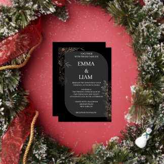 Invitation En Aluminium Mariage floral botanique en feuille d'or noir