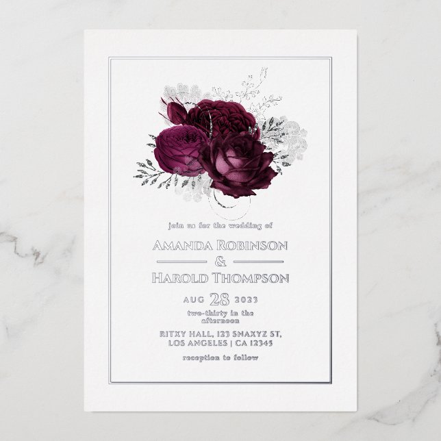 Invitation En Aluminium Mariage floral bourguignon et argenté (Recto)