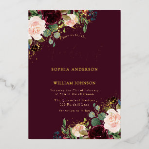 Invitation En Aluminium Mariage Floral Burgundy Doré Étincelant Réel