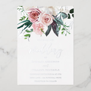 Invitation En Aluminium Mariage floral de feuille d'argent et blush