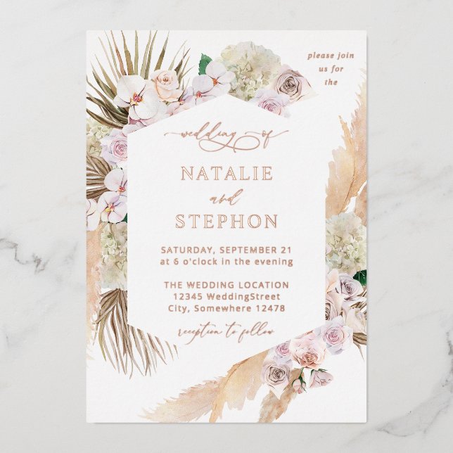 Invitation En Aluminium Mariage Floral de Plage en Herbe de Pampas Boho (Recto)