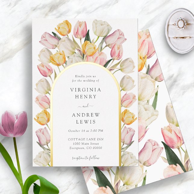 Invitation En Aluminium Mariage floral de printemps (Watercolor Tulip Gold Foil Wedding Invitation by Painted Paperie)