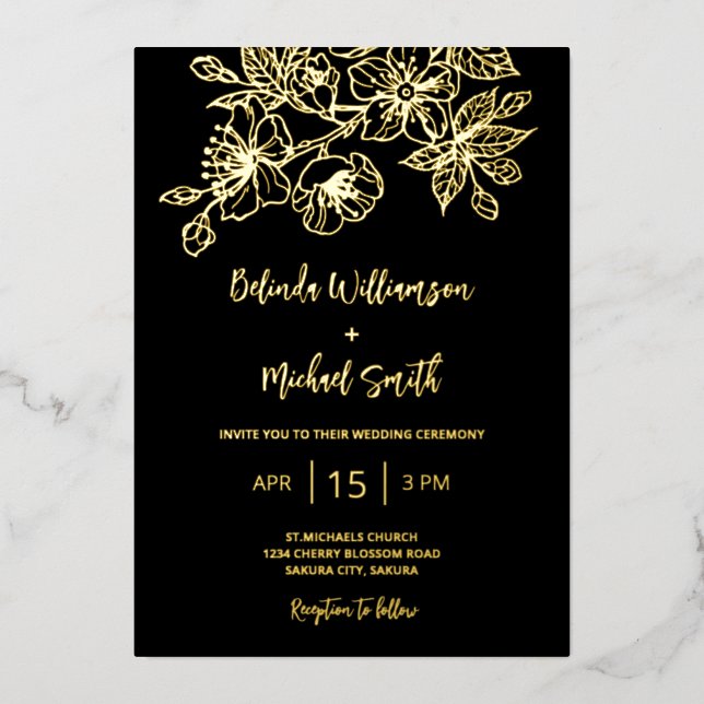 Invitation En Aluminium Mariage Floral d'or noir (Recto)