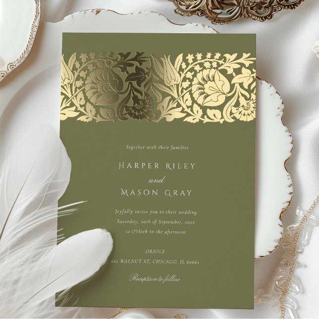 Invitation En Aluminium Mariage Floral d'or vert olive (Créateur téléchargé)