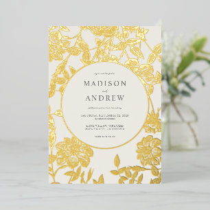 Invitation En Aluminium Mariage floral doré moderne