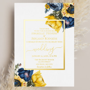 Invitation En Aluminium Mariage Floral Élégant Jaune et Bleu