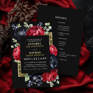 Invitation En Aluminium Mariage Floral Élégant Rouge et Noir Maussade