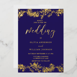 Invitation En Aluminium Mariage Floral Élégant Vintage Bleu Nuit & Doré