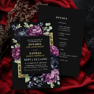 Invitation En Aluminium Mariage Floral Élégant Violet et Noir