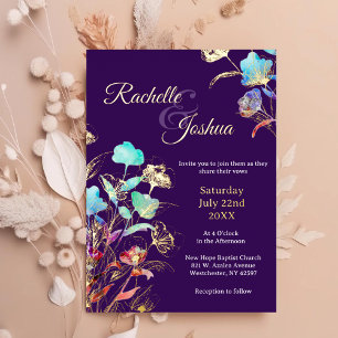 Invitation En Aluminium Mariage Floral Élégant Violet Foncé et Or