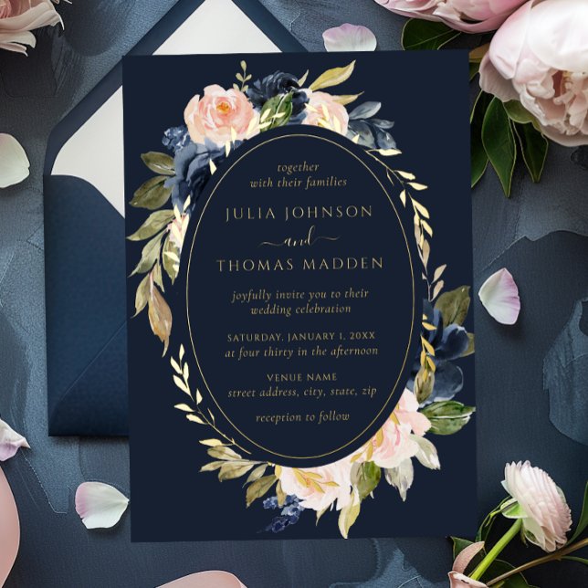 Invitation En Aluminium Mariage Floral Feuillage Navy Blush Or (Créateur téléchargé)