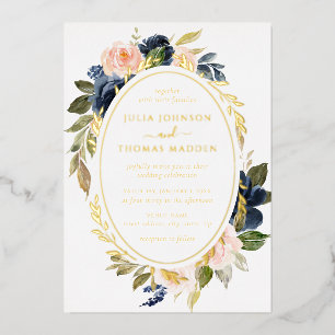 Invitation En Aluminium Mariage Floral Feuillage Navy Blush Or