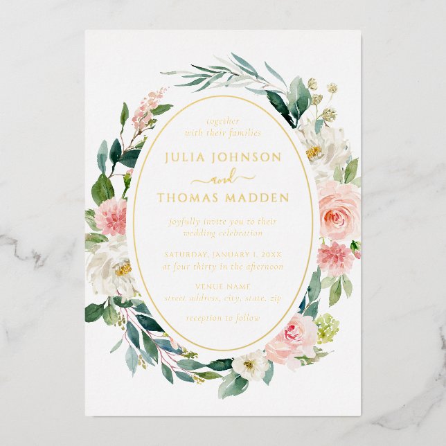 Invitation En Aluminium Mariage Floral Feuillage Rouge Doré (Recto)