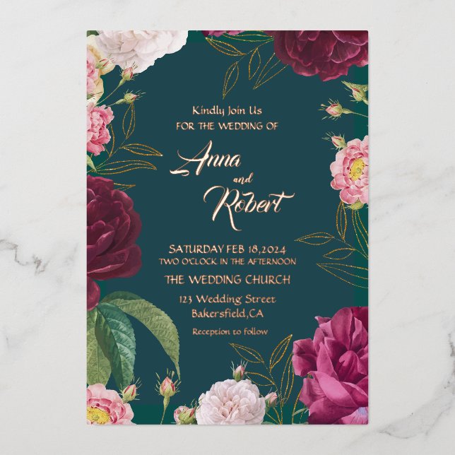 Invitation En Aluminium Mariage Floral Gold & Emerald Green (Recto)