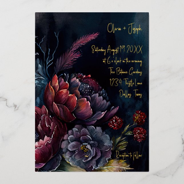 Invitation En Aluminium Mariage Floral Humeur Aquarelle Sombre (Recto)