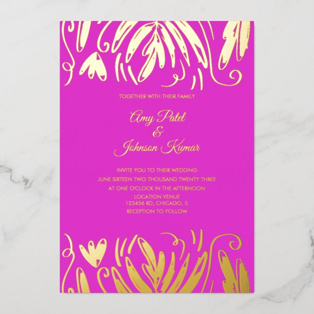 Invitation En Aluminium Mariage floral indien tiré à l'hindou (Recto)