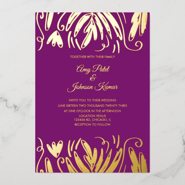 Invitation En Aluminium Mariage floral indien tiré à l'hindou (Recto)