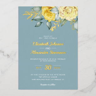 Invitation En Aluminium Mariage floral jaune classe verdure bleu poussiére