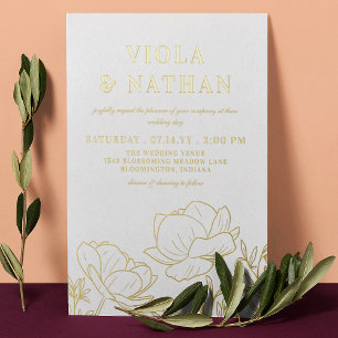 Invitation En Aluminium Mariage Floral Ligne Artistique Blanc & Or