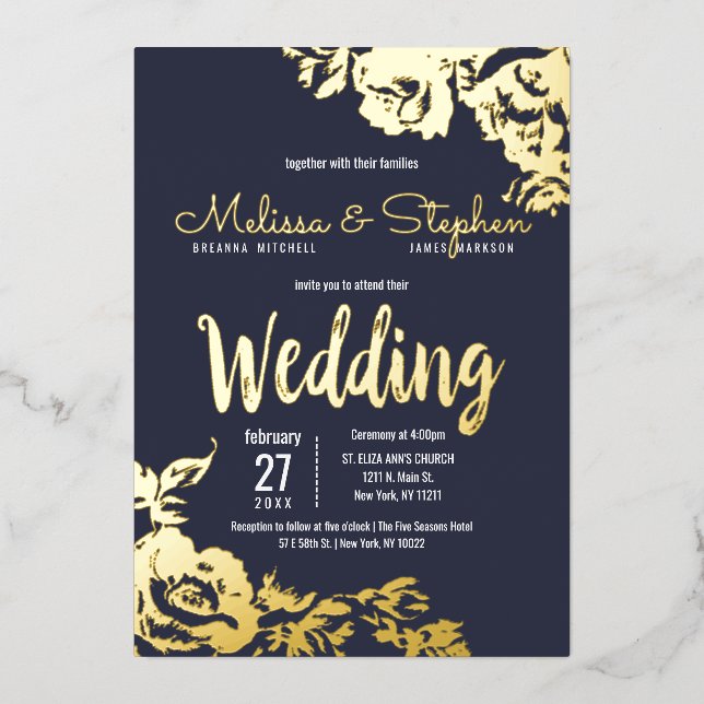 Invitation En Aluminium Mariage floral Marine Blue Real or (Recto)