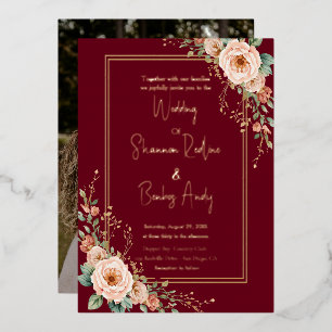 Invitation En Aluminium Mariage floral moderne bordeaux et rose tendre