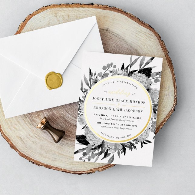 Invitation En Aluminium Mariage floral moderne noir et blanc (Créateur téléchargé)