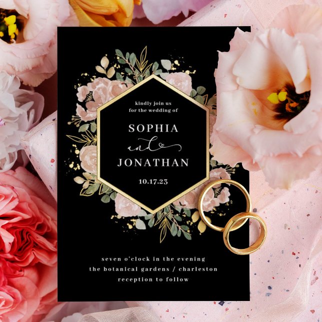 Invitation En Aluminium Mariage floral neutre noir | Or (Créateur téléchargé)