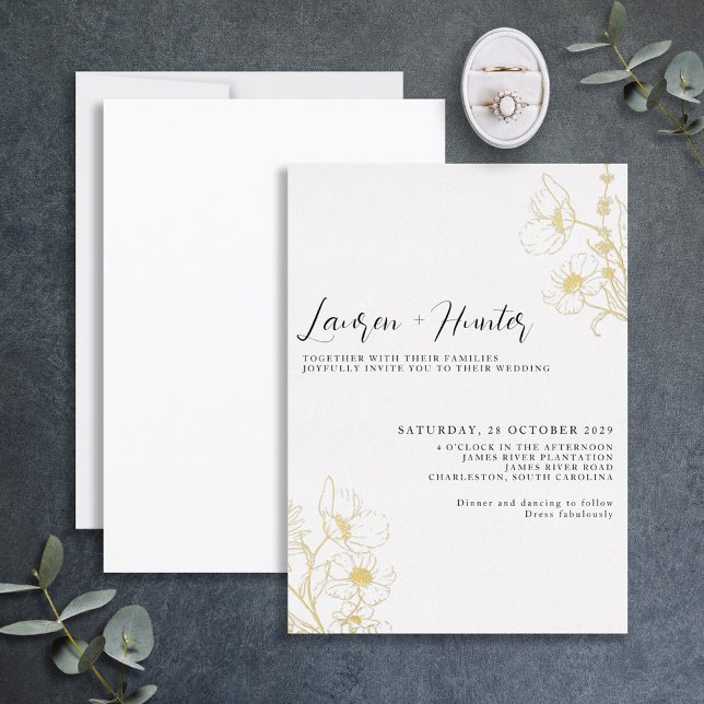 Invitation En Aluminium Mariage Floral Noir Blanc Script Moderne Or (Créateur téléchargé)