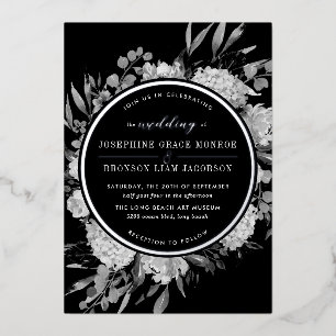 Invitation En Aluminium Mariage floral noir et blanc argenté