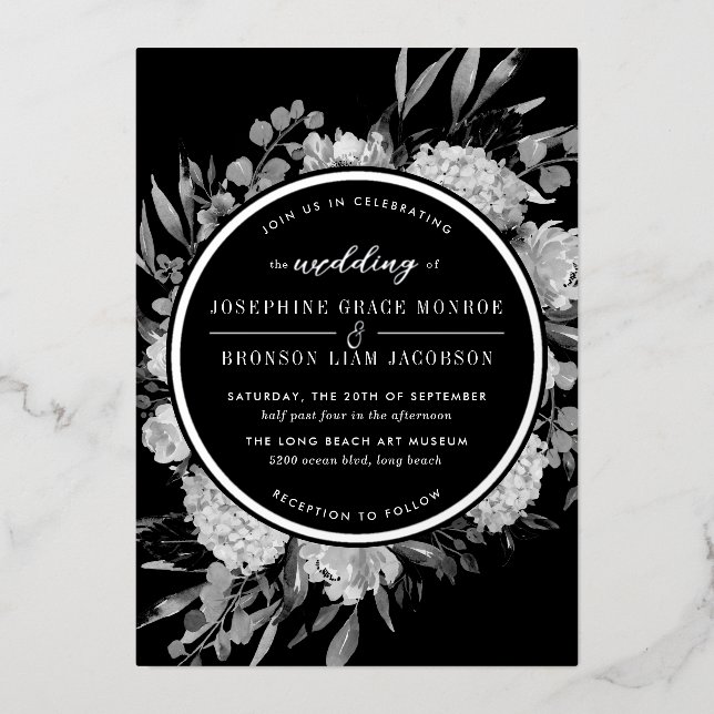 Invitation En Aluminium Mariage floral noir et blanc argenté (Recto)