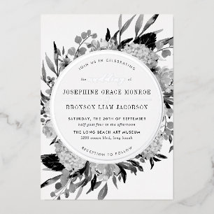 Invitation En Aluminium Mariage floral noir et blanc argenté