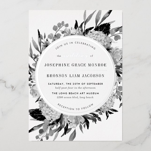 Invitation En Aluminium Mariage floral noir et blanc argenté (Recto)