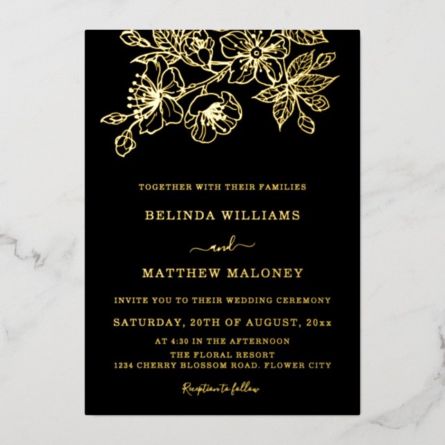 Invitation En Aluminium Mariage Floral Noir Or (Recto)