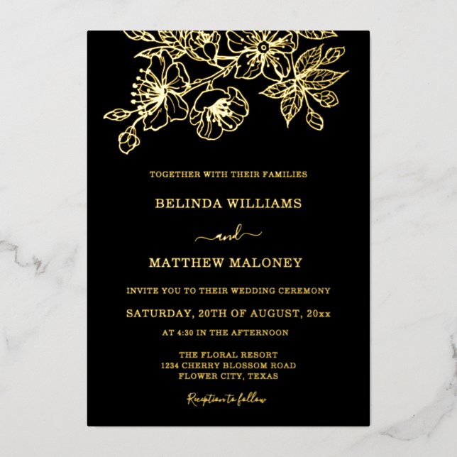 Invitation En Aluminium Mariage Floral Noir Or (Recto)