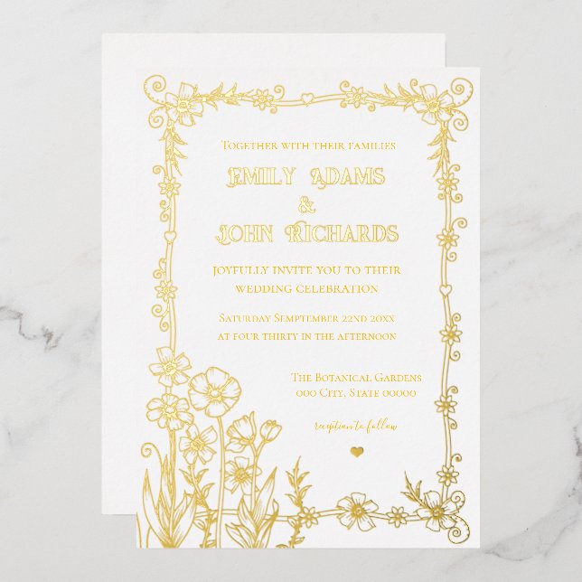 Invitation En Aluminium Mariage Floral or et blanc (Recto/Verso)