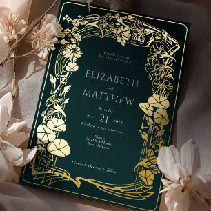 Invitation En Aluminium Mariage floral or et vert émeraude