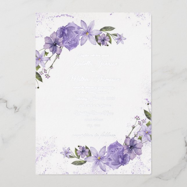 Invitation En Aluminium Mariage floral pourpre (Recto)