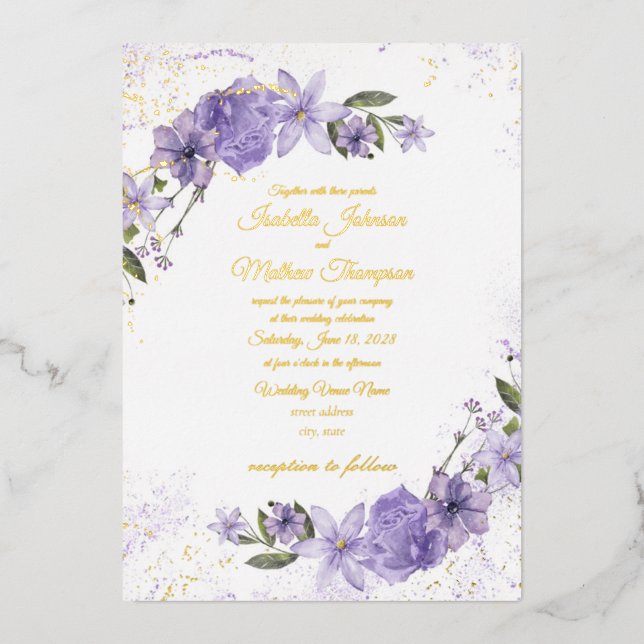 Invitation En Aluminium Mariage floral pourpre (Recto)