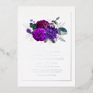 Invitation En Aluminium Mariage floral pourpre et argent royal